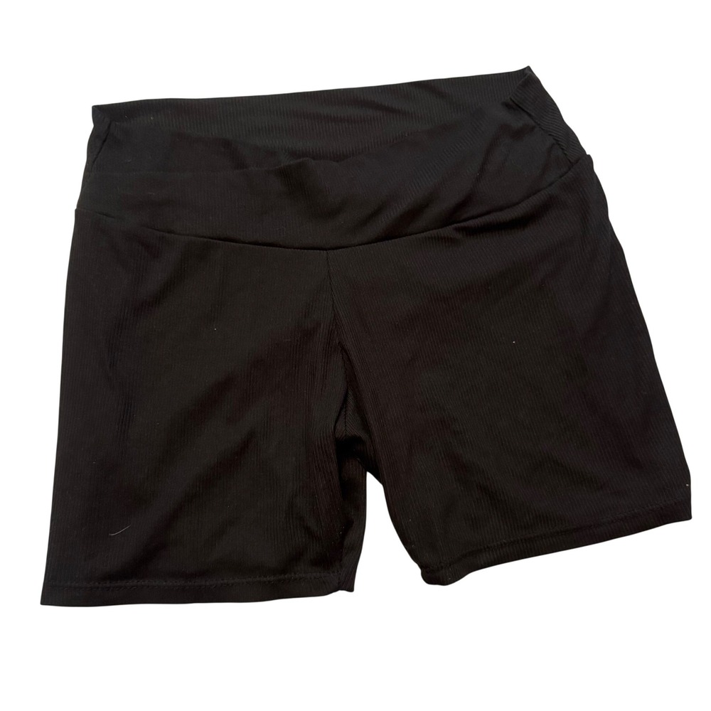 Sweet Women Black Ribbed Biker Shorts Crossover V-Waist Activewear Size‎ Large